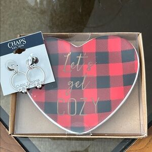 Chaps Silver Cubic Zirconia Earrings with Red Plaid Heart Sign